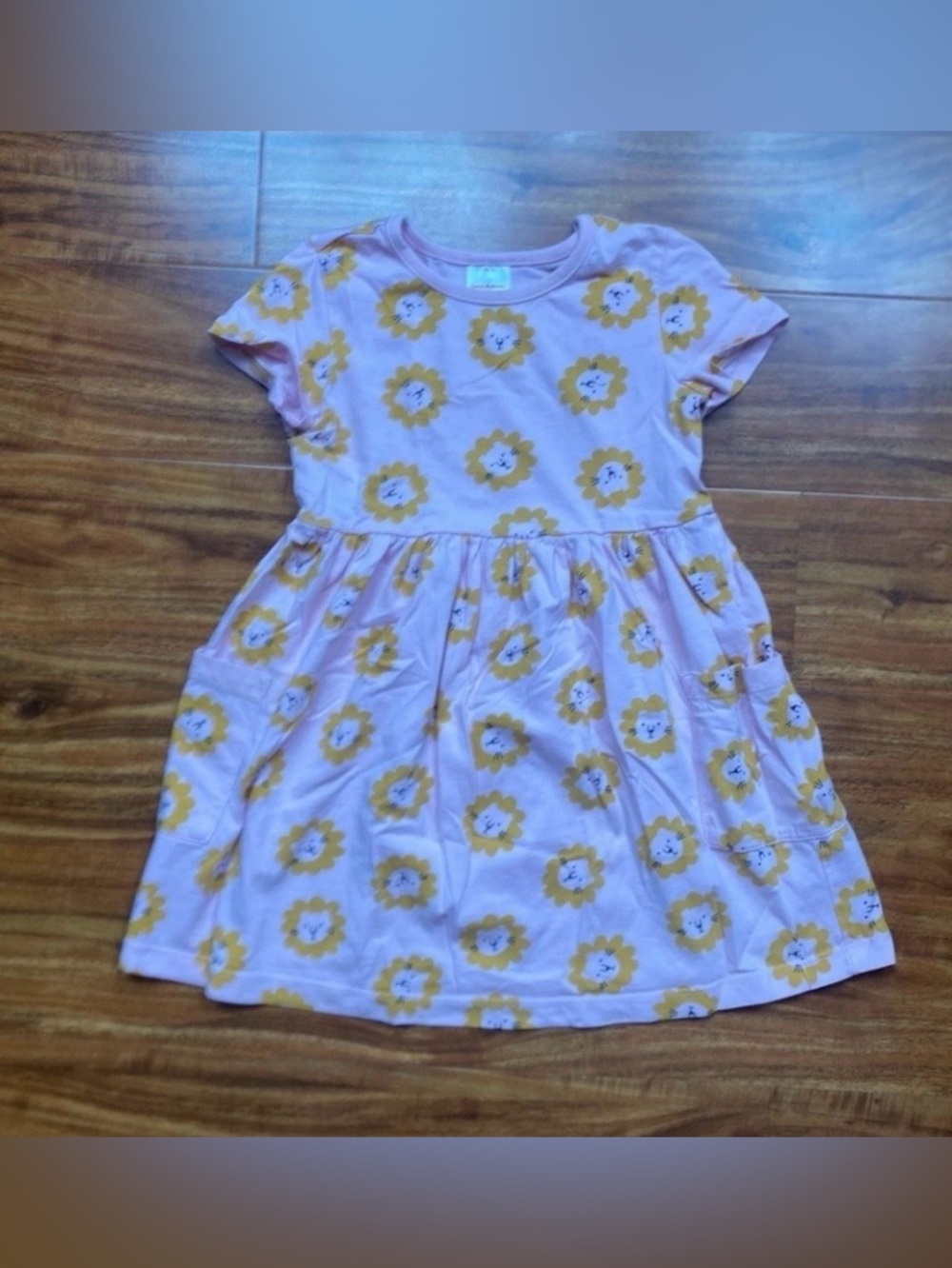 Hanna Andersson Girls Pink Lion Print Short Sleeve Pocket Dress Size 5 Casual